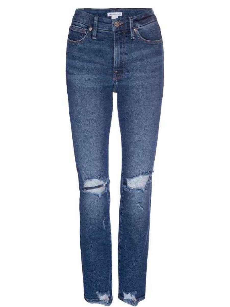 Hot Good American Good Straight Mid-Rise Distressed Stretch Straight-Leg Jeans