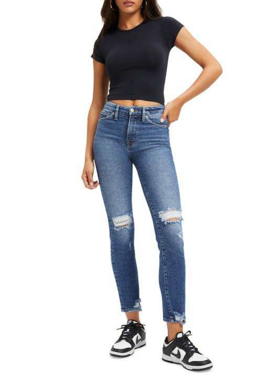 Hot Good American Good Straight Mid-Rise Distressed Stretch Straight-Leg Jeans